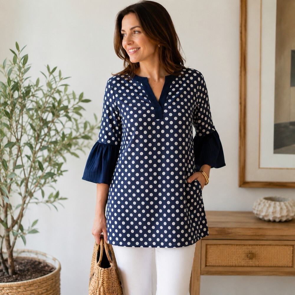 Boden Polka Dot Cotton Tunic Top Size 16 Coastal Grandmother Preppy Bell Sleeve